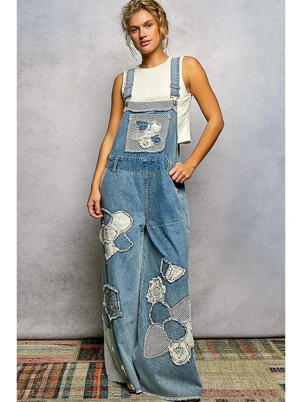 POL Embroidery Floral Patchwork Buckle Back Woven Denim Overalls - NWT - S M L - Picture 2 of 4